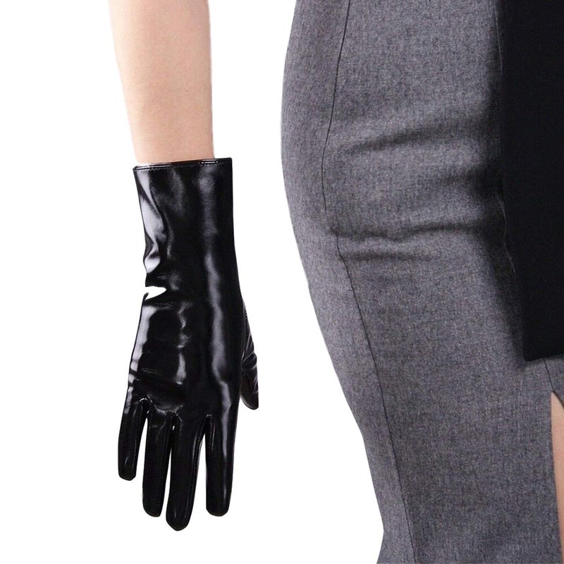 DooWay Black Latex Women Short Gloves 11-inch 28cm Shine PU Leather Faux Patent Everyday Fashion Warm Gold Weather Gloves - Image 1